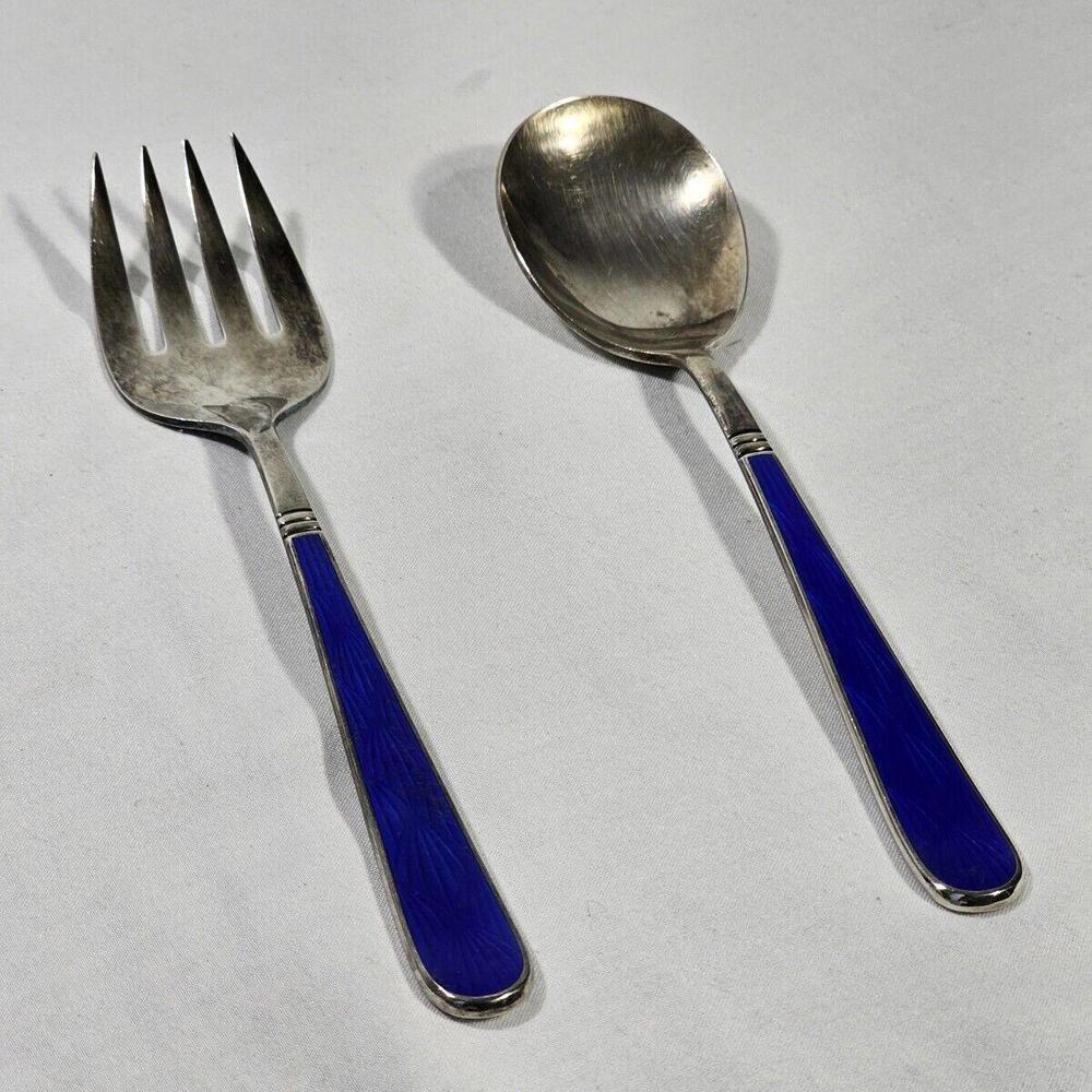 D&C Japan  E.P. Flatware Serving Set Spoon Fork Cobalt Blue W/ Scalloped Design - Picture 3 of 8